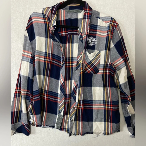 Harley Davidson black red white plaid raw hem button Shirt Sz L - Picture 3 of 11